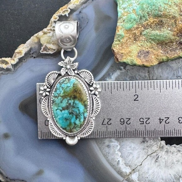 Sterling Silver Southwestern Style Oval Turquoise Decorated Pendant For Women - Picture 9 of 10